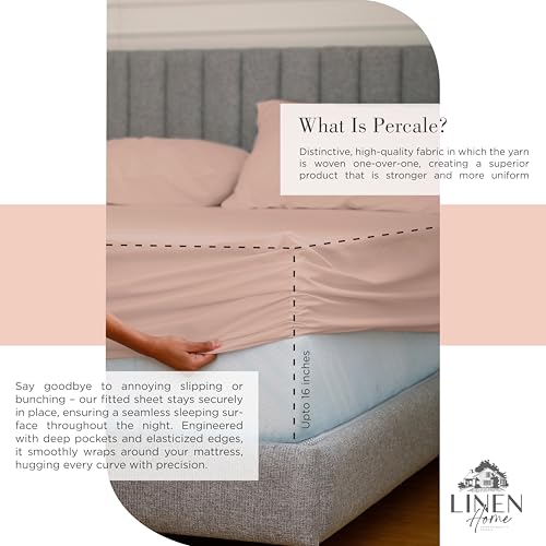 Image of Linen Home 100% Cotton Percale Sheets Full Size, Brushed Rose, Deep Pocket, 4 Pieces Set - 1 Flat, 1 Deep Pocket Fitted Sheet and 2 Pillowcases, Crisp Cool and Strong Bed Linen