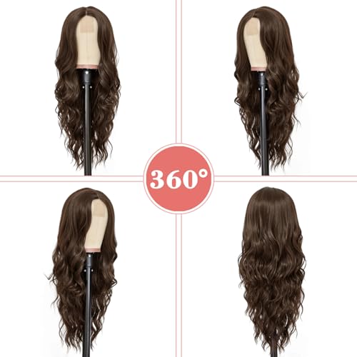 NAYOO Long Dark Brown Wavy Wig for Women 26 Inch Middle Part Curly Wavy Wig Natural Looking Synthetic Heat Resistant Fiber for Daily Party Use (Dark Brown)