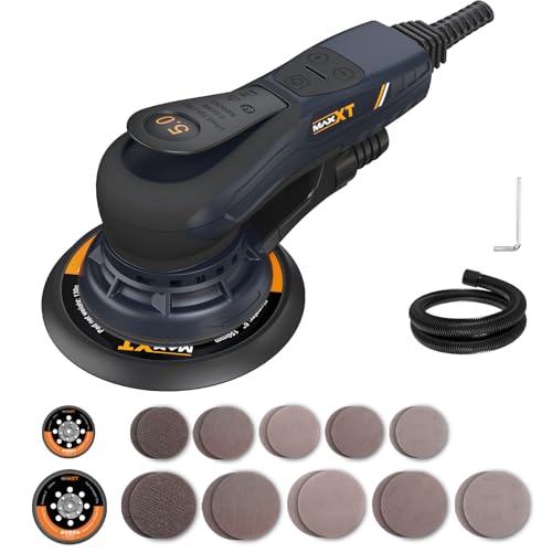 Bürstenloser MAXXT Elektroschleifer 350 W – Exzenterschleifer 5.0 mit 150 & 125 mm Scheiben, Dreikernanschluss, 4000-10000 U/min (6-stufig). 20 Schleifpapieren