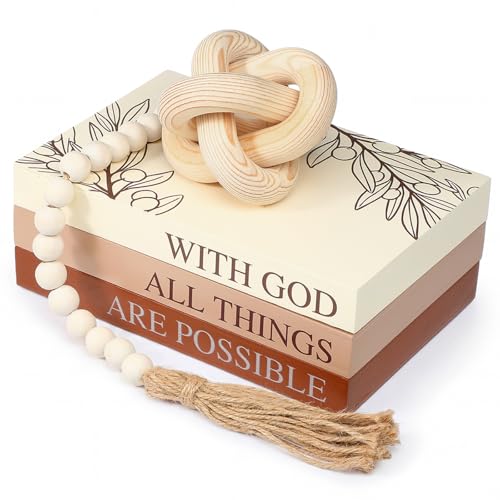 Capoda 5 Pcs Decorative Books with Wooden Knot Bead Garland, Brown, Faith