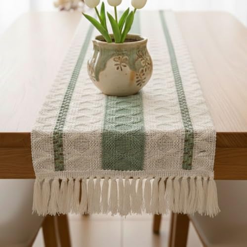 Image of HomeCloud Croshia Woven Table placemat - Heat Resistant, Washable Table Decoration for Dining, Office, Kitchen, Hotel, and Home (Runner White Green, Set of 1)