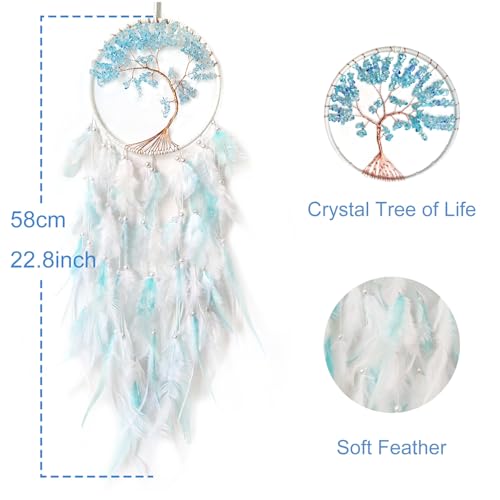 White and Cyan Dream Catcher Wall Decor Crystal Tree of Life Dream Catchers Handmade Feather Dreamcatcher Wall Hanging Ornament for Bedroom Living Room Home Decor - Image 4