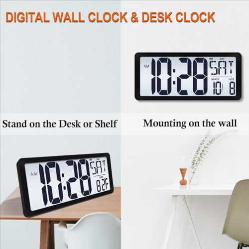 Image of 15 Inch Large Rechargeable Digital LCD Wall Clock with Backlight Glow in the Dark,Night Light Wall Clock with Week,Date & Temperature,DST,Alarm Display for Living Room, Bedroom, Gift for Elderly