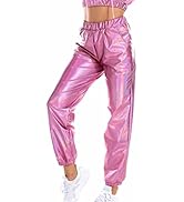 qfmqkpi Women's Metallic Shiny Jogger Pants Elastic Waist Punk Holographic Trouser Sweatpants wit...