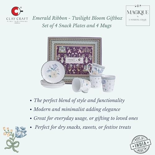 Image of Clay Craft x Magique by The Wishing Chair : Emerald Ribbon - Twilight Bloom Giftbox | Set of 4 Snack Plates and 4 Mugs | Dishwasher Safe | Festive Gifting | GiftBox Packaging