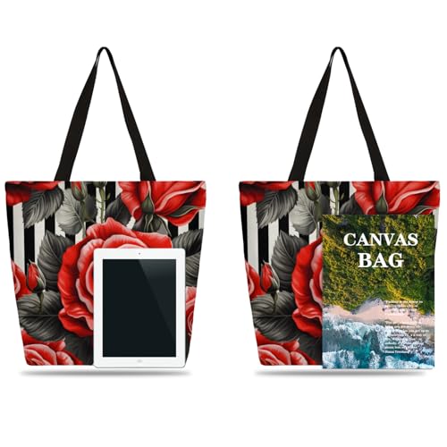 Striped Rose Flower Large Capacity Canvas Tote Bag Stylish Handheld Shoulder Bag Reusable Shopping Bag for Work Travel Beach Trips Shopping4