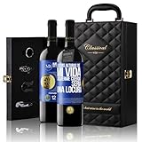 «A estas alturas DE mi vida volverme cuerdo sería una locura» Mensaje en una Botella. Estuche-Maletín de LUJO 2x Vino Tinto Premium Reserva 12 Meses y Set de 4 Accesorios. Etiqueta Azul PERSONALIZABLE
