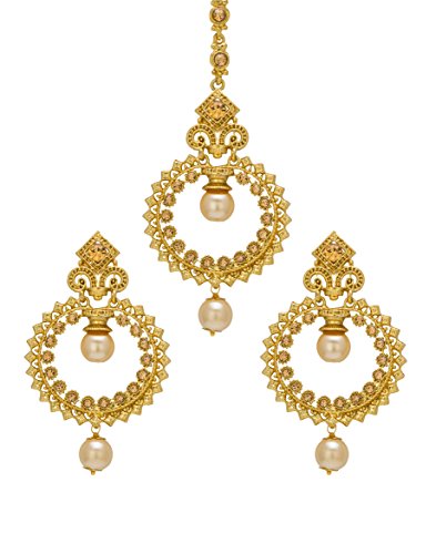 Bindhani Pearl Drop Small Filigree Work Maang Tikka & Indian Earrings For Women