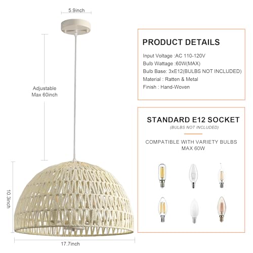 Rattan Farmhouse Chandelier Light Fixtures, 3-Lights Boho Large Rattan Pendant Light,Hand Woven Chandeliers for Dining Room,Rustic Chandeliers Hanging Light Fixtures for Kitchen Island Bedroom - Image 7