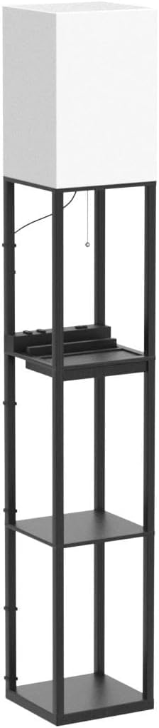 Lámparas de pie para sala de estar, lámpara de pie alta con estantes y cajón, 2 puertos de carga USB y 2 tomas de corriente, bombilla LED brillante de 3CCT incluida, color negro 5