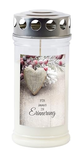 Grabkerze - Gedenkkerze Motiv Holzherz/Winter 70-90 Std. Brenndauer Trauerkerze - Langlebig, 100% Pflanzenöl, Weiß mit Golddeckel TLB