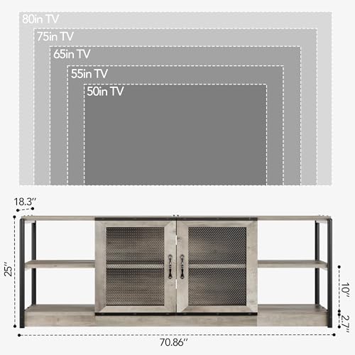 Garvee Farmhouse TV Stand for 65+ Inch TV, Industrial TV Cabinet with 4 Shelfs, Entertainment Center with 2 Doors for Living Room (73in, Grey) by Garvee - Used condition - Image 2