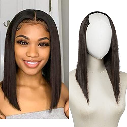Straight U Part Wig Short Black Brown Synthetic Hair Extensions Clip in Full Head Hair Pieces for Women 16 Inch SARLA