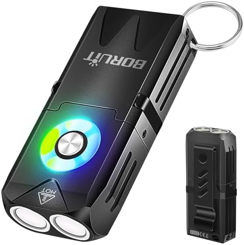 BORUIT EV25 Mini Flashlight with Clip, Small Flashlights Powerful 650 Lumens Bright, USB C Rechargeable - EDC Keychain Flash Light with Magnetic, Red and Green Blue Lights for Home Camping Running