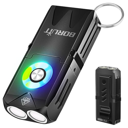 BORUIT EV25 Mini Flashlight with Clip, Small Flashlights Powerful 650 Lumens Bright, USB C Rechargeable - EDC Keychain Flash Light with Magnetic, Red and Green Blue Lights for Home Camping Running