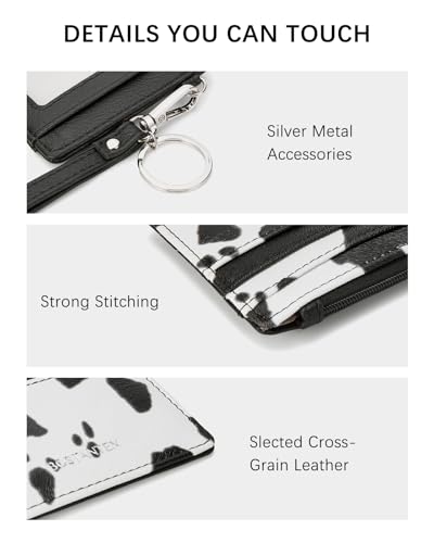 Image of BOSTANTEN Small Wallet For Women RFID Leather Credit Card Holder Slim Wristlet Keychain Wallet With Zipper Pocket White Cow Print