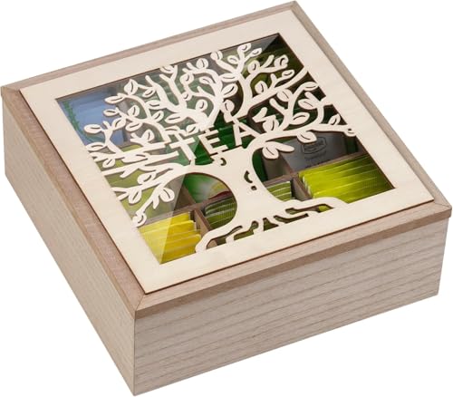 Optyuwah Teebox,Teekasten - Tee Aufbewahrungsbox aus Holz, Teebeutelbox Teekiste für Teebeutel Zucker Kaffeekapsel,Vorratsdose mit Lebensbaum und Glas Sichtfenster Deckel Teebeutelhalter