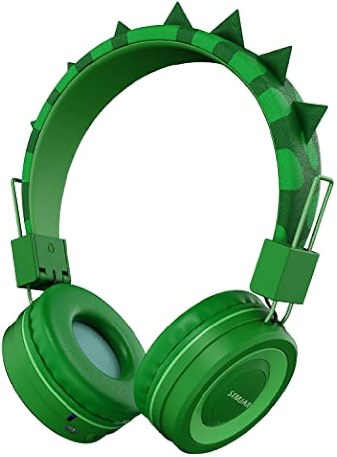 SIMJAR Kids Bluetooth Headphones with Microphone for School, Dinosaur Over-Ear Kids Wireless Headphones with Volume Limiter 94dB, Foldable Adjustable Headband for iPad/Airplane/Travel/Tablet (Green)