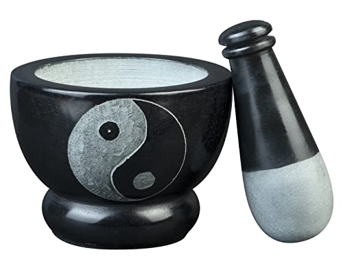 Crocon Black Marble Mortar And Pestle Set With Yin Yang Symbol Hand Grinder Set For Herbs Spices Pastes Pesto Natural Handmade Crusher Stone 4 Inch For Kitchen Essential Best Gift #TOP4
