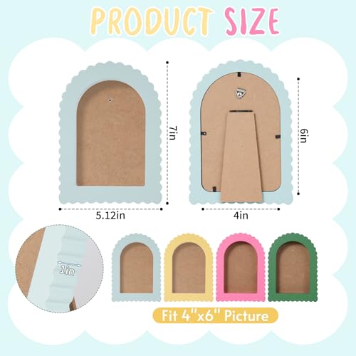 Image of Rainmae 4 Pack Colorful Scalloped Picture Frames 4 x 6 Inch Cute Arched Picture Frames for Desktop Display Photo Frame Wood Home Decor Wedding Graduation Gifts(Pink, Green, Yellow, Blue)