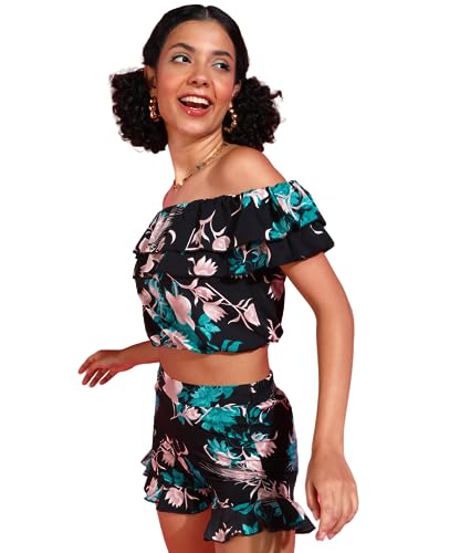 POPWINGS Casual Floral Printed Off Shoulder Crop Top & Shorts Co-Ords Set for Women || Two Piece Set for Women Summer Wear || Crop Top and Shorts Set for Women