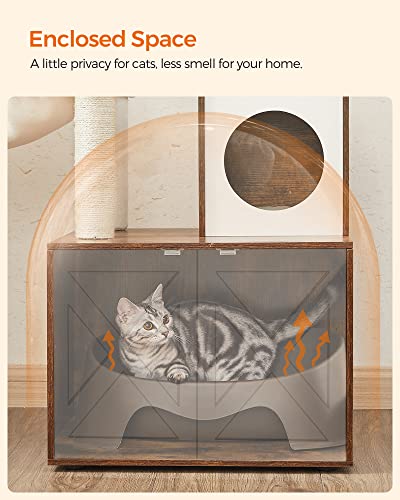 Image of Feandrea Cat Tree with Litter Box Enclosure, 59-Inch Modern Cat Tower | 2-In-1 Condo with Scratching Posts, Washable Removable Cushion, Rustic Brown UPCT113X01