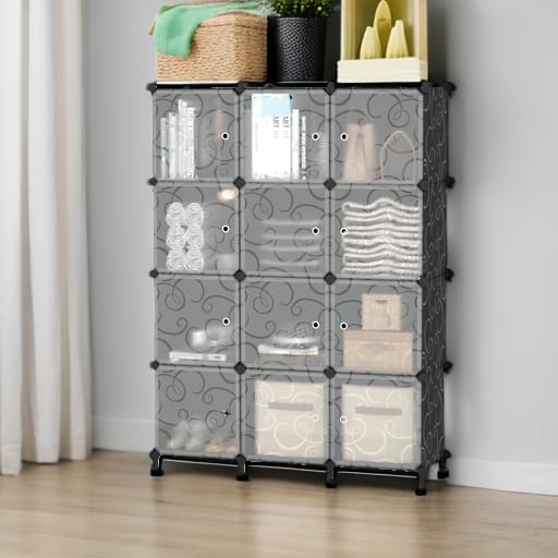 Miniatura 6 de AWTATOS Organizador de almacenamiento de 12 cubos con puertas, estante de plástico de bricolaje para armario, estantería modular, estante apilable