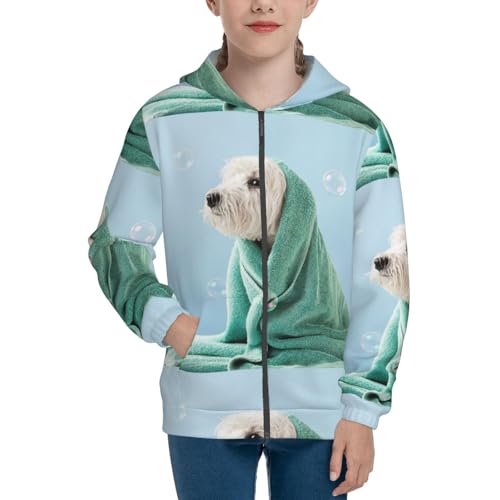Dog Wrapped in Towel Kid Hoodies Boys Zip Up Sweatshirts Girls Pullover with Pocket3