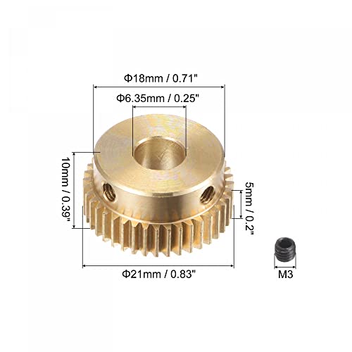 Image of uxcell Pinion Gear Set, Brass Motor Rack Straight Spur Gear with Step, 0.5 Mod 40T 6.35mm Bore 21mm Outer Dia, M3 Set Screws Included
