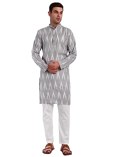 Image of SKAVIJ Men's Pure Cotton Printed Kurta Pajama Set Ikat Design Casual Ethnic Dress