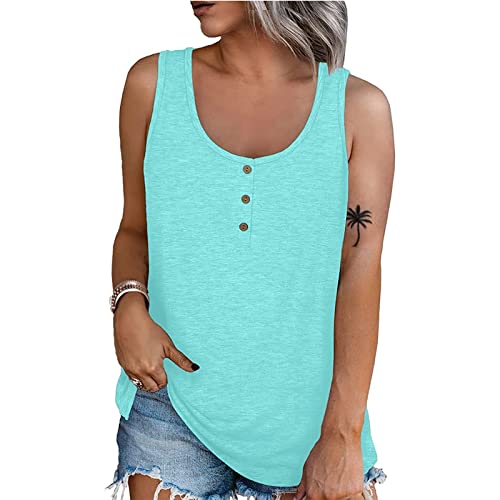 Large Size Tank Tops For Women Solid Color Summer Sleeveless Henley T-Shirts Tops Casual Button Down Tunics Shirts Mint Green #TOP1