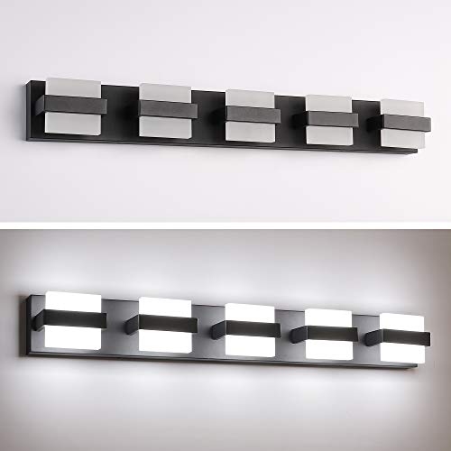 Image of SOLFART 5 Lights Black Bathroom Modern Vanity Lights LED Vanity Light Black Bathroom Lights Over Mirror 34 inch White Light Dimmable