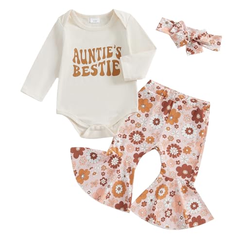 Lamuusaa Newborn Baby Girl Clothes Long Sleeve Aunties Bestie Romper Floral Flared Pants Headband Fall Winter Outfit