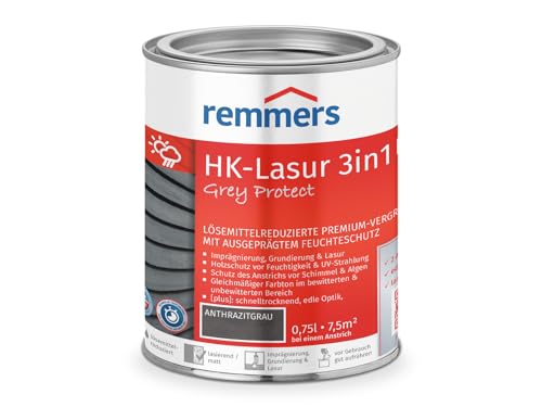 Remmers HK-Lasur 3in1 Grey Protect [plus] anthrazitgrau, matt, 0,75 Liter, Lösemittelreduzierte Premium-Vergrauungslasur für außen, 3in1, schnelltrocknend, langlebig