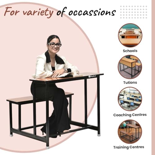 Image of GOYALSON School Home Tution College Bench Duel Desk Student Bench Cum Duel Desk Strong and Sturdy Metal Standard Structure with Wooden Top (2, Teak, Large Class)