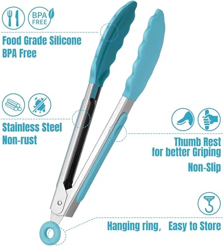 Image of Premium Steel and Siliconel Heat Resistant Kitchen Tongs for Cooking | Non Scratch Silicone Tip for Pans,Air Fryer,Barbeque, Serving | 10 inch - 230C Heat-Resistant (Pack of 01) (Blue)
