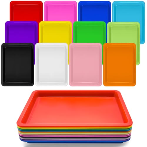 12 Pack Large Plastic Art Trays Activity Crafts Tray Colorful Activity Serving Tray for Painting Jewelry Beads Home School Art DIY Projects and Serving Organizer(12Colors)
