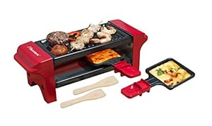 Bestron Raclette für 1 bis 2 Personen, Mini Tischgrill mit zwei Pfännchen und zwei Holzschabern, 350 Watt, Farbe: Rot/Schwarz