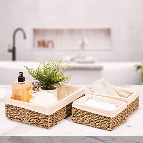 Sorbus Woven Wicker Storage Baskets For Organizing, Seagrass Decorative Shelf Organizer Bins With Liner, Organization Storage Bins For Living Room Books, -Bathroom Towels, Bedroom, Handmade, Set Of 3 #TOP2