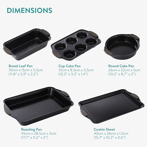 Navaris Set 5 Teglie da Forno - Stampo per Muffin Tortiera Teglia per Pizza - Stampo Rettangolare - Plumcake Pane Dolci Crostata - Rivestimento Antiaderente Manici Silicone - Nero - immagine 6