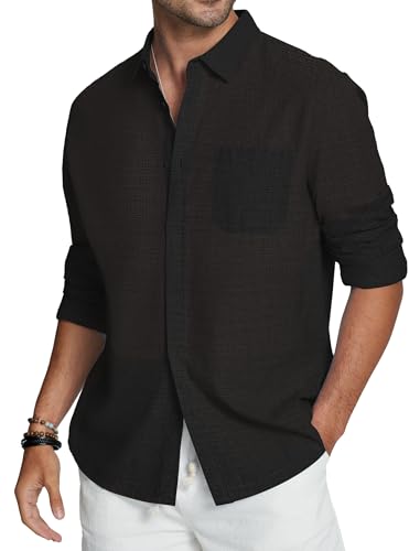 Friptspyg Leinenhemd Herren Langarm Baumwolle Leinen Hemd Herren Freizeithemden Casual Regular Fit Sommerhemd mit Tasche, Schwarz M 2