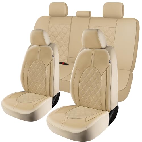 CAROMOP Luxury PU Leather Car Seat Covers Full Set-Waterproof Seat Protectors with Split Bench Seat Covers for Cars-Universal Cars Interior Covers for Sedans, SUVs, Pick-up Trucks(Beige/Beige Line)