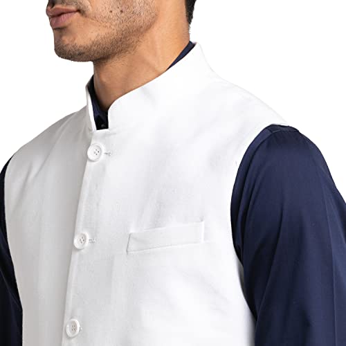 Image of Raymond Men's Contemporary Fit Pure Cotton Solid Pattern Sleeveless White Ceremonial Waistcoat