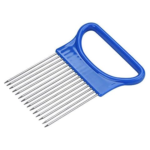 Tomato Onion Vegetables Slicer, Handheld Food Slice Assistant Holder Tool, Cutting Aid Holder Guide Slicing Cutter Safe Fork, Vegetable Rack Kitchen Mandolines Slicers Utensil Holder (Blue) Cover