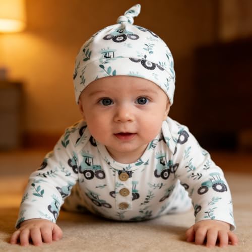 Image of AMAWMW Newborn Baby Boys Girls Cartoon Sleeper Gown Long Sleeve Mountain Nightgown Hat Outfits