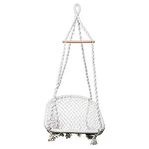 Halder Jute Handmade Regular Indoor & Outdoor & Living Room D-Shape Hanging Swing Chair | Jhula 1 Iron S Hook | 3M Nylon Rope (Cotton, White, Size:- 70 * 65 * 150 CM)