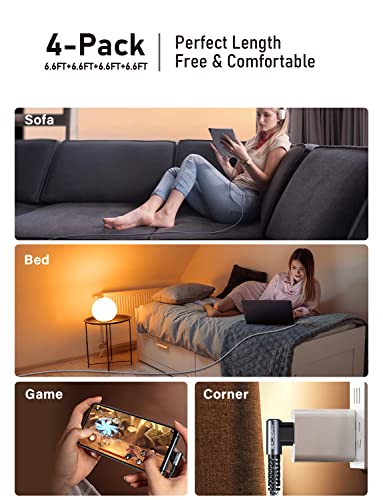 Image of MRGLAS 3.2A USB C Charger Cable,[4-Pack, 6.6+6.6+6.6+6.6FT] USB A to USB C Right Angle Gold-Plated Type C Charger Fast Charging Durable Braided Cord for iPhone 16 15 Samsung S10 S9 Note 10 S21 LG-Grey