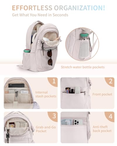 Image of ECOHUB Travel Backpack for Women, 17.3 inch Suspended Laptop Backpack, Fashion Slim Water-Resistant 28L Personal Item Bag with 12 Pockets for Causal, Work, Beige