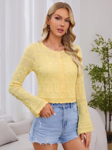 Image of FAIRY SEASON Women's Cropped Cardigan Sweater, Openwork Hollow Knit Shrug | Bell Sleeve, Versatile Outerwear to Match Dresses for Daily Outings, Dinner Dates and Casual Evening Occasions