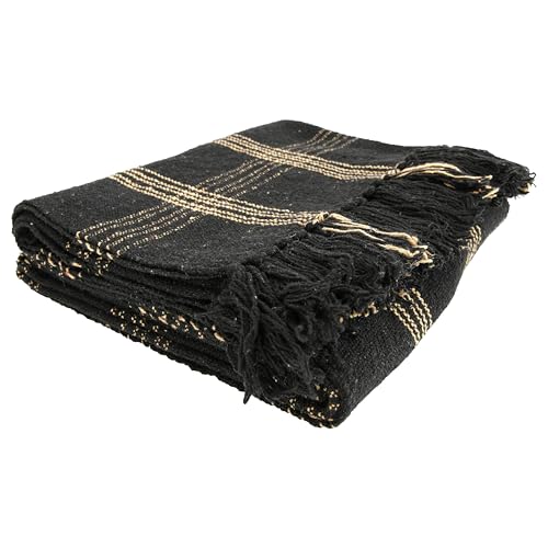 Image of Plaid Black & Tan Fringed Woven Cotton Blend Throw